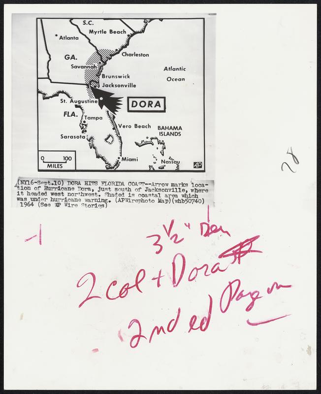 Dora Hits Florida Coast--Arrow marks location of Hurricane Dora, just south of Jacksonville, where it headed west northwest. Shaded is coastal area which was under hurricane warning.