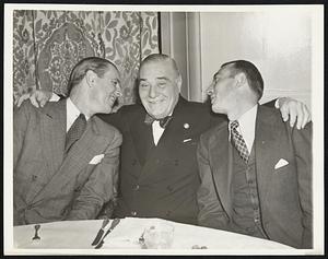 A Happy Colonel Ruppert, owner of the New York Yankees, was in fine fettle night of Oct. 10. At a Victory dinner he beamed and put his arms on the shoulders of two of his stalwarts, Lefty Gomez (left) and Tony Lazzeri. The boys played a large part in winning the world championship title from the New York Giants. Fifth and final game, Gomez hurled the Yanks to a 4-2 triumph.
