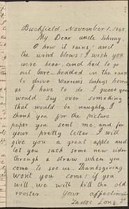 Letter from Zadoc Long III to John D. Long, November 1, 1868