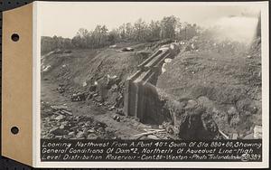 Contract No. 80, High Level Distribution Reservoir, Weston, looking northwest from a point 40 feet+/- south of Sta. 880+80, showing general conditions of dam 2, northerly of aqueduct line, high level distribution reservoir, Weston, Mass., May 29, 1940