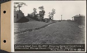 Contract No. 96, Chlorine Storage House and Equipment and Chlorinating Equipment for Gate House at Norumbega Reservoir, Weston, looking west from Sta. 895+/- showing general conditions, chlorinator storage house, Weston, Mass., Sep. 26, 1940