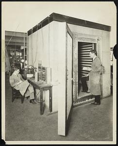 Weather made to order. A temperature chamber in the department of physics at Technology, where, within a period of five days, winter weather ranging from a mild day to 30 degrees below zero is artificially reproduced. the experiment was made to aid in studies of the effect of low temperatures on certain insects.