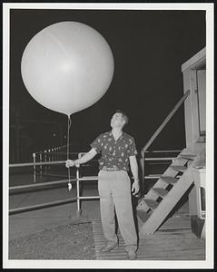 Weather Bureau. James Park, Weather Observer releasing balloon for wind direction etc.