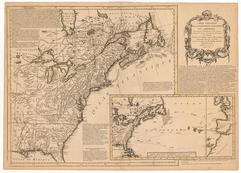 Carte nouvelle des posséssions angloises en Amérique dressée pour l'intelligence de la guerre présente et divisée suivant les prétensions des anglois