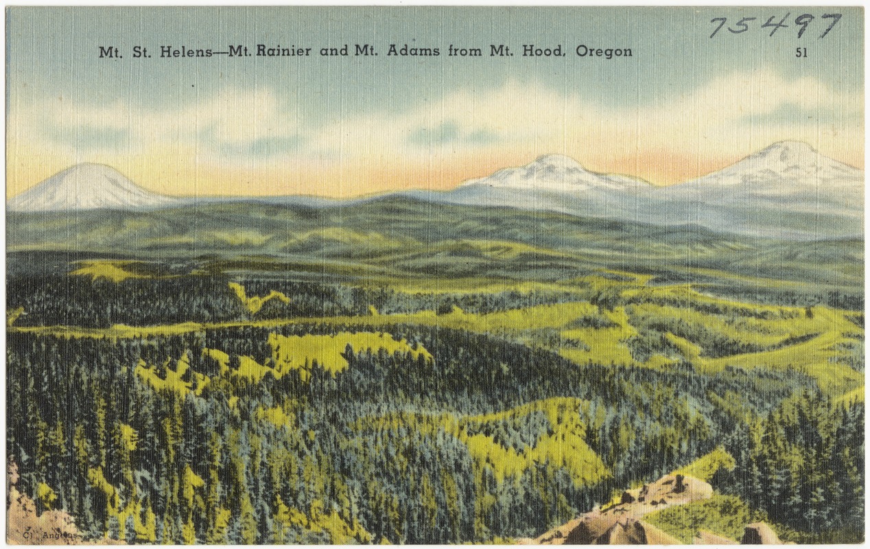 Mt. St. Helens -- Mt. Rainier and Mt. Adams from Mt. Hood, Oregon ...