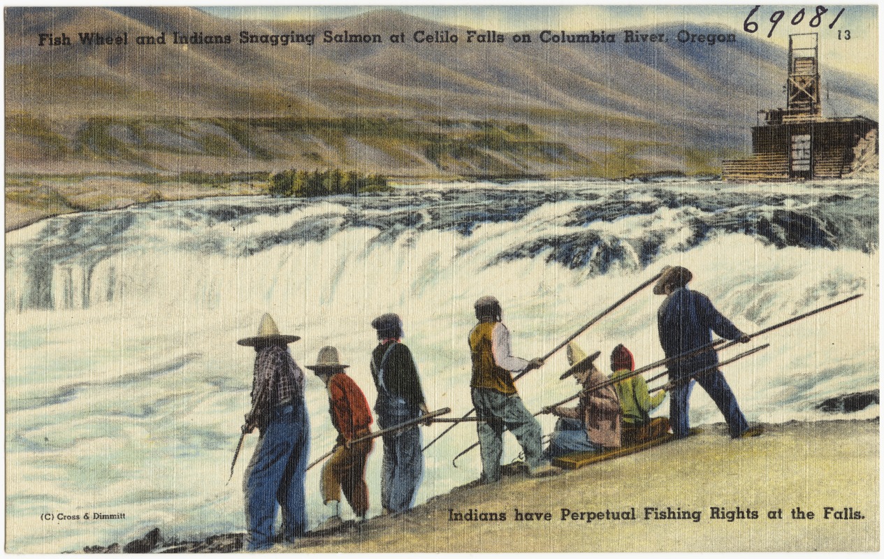 Fish Wheel and Indian Snagging Salmon at Celilo Falls on Columbia