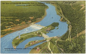 Air view of $100,000,000 Bonneville Dam on Columbia River Highway, connecting Oregon and Washington. Largest lift navigation lock in the world