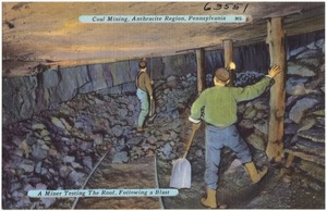 Coal mining, Anthracite Region, Pennsylvania. A miner testing the roof, following a blast