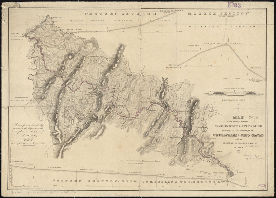 Map of the country between Washington & Pittsburg refering to the contemplated Chesapeake & Ohio Canal and its general route and profile, October 1826
