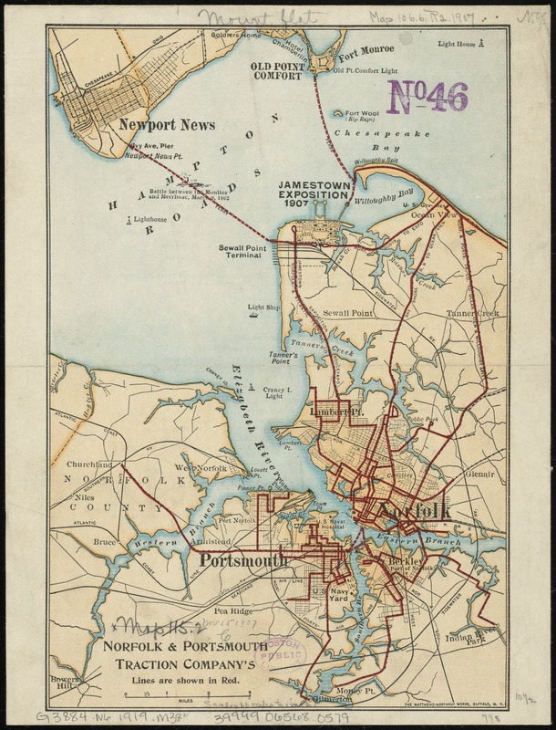 Norfolk & Portsmouth Traction Company's lines are shown in red