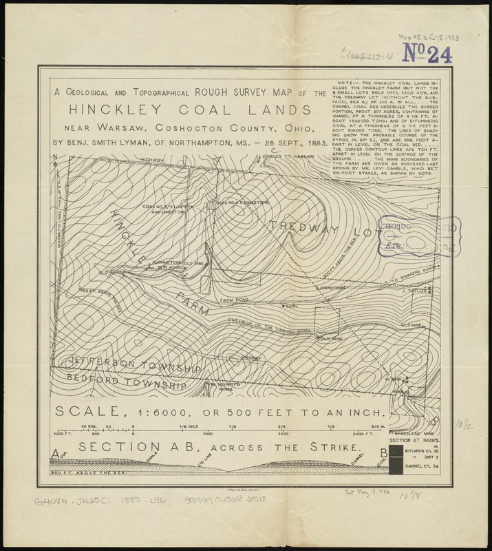 A geological and topographical rough survey map of the Hinckley Coal Lands near Warsaw, Coshocton County, Ohio