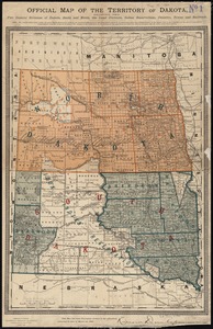 Official map of the territory of Dakota, showing the two general divisions of Dakota, South and North, the land districts, Indian reservations, counties, towns and railroads