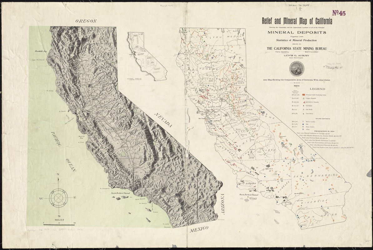 Relief and mineral map of California showing the topography and the approximate locations of all the principal mineral deposits together with statistics of mineral production