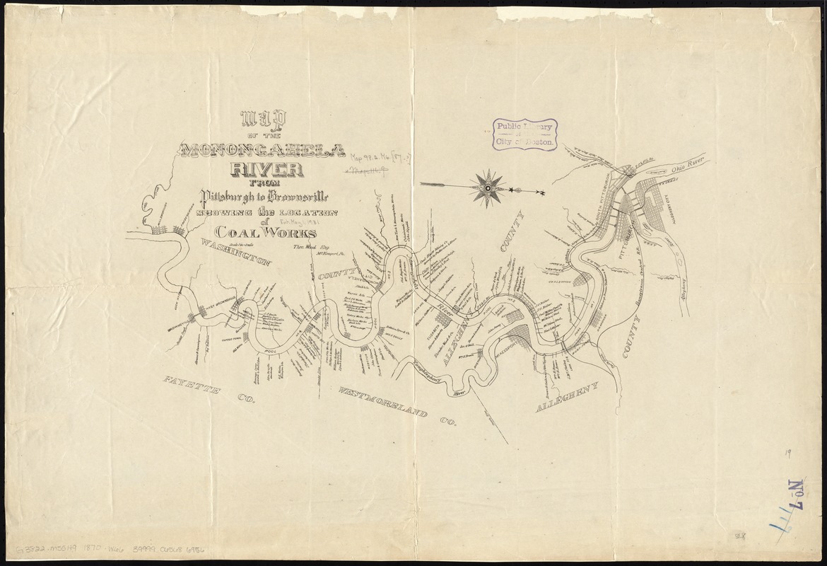 Map of the Monongahela River from Pittsburgh to Brownsville showing the location of coal works