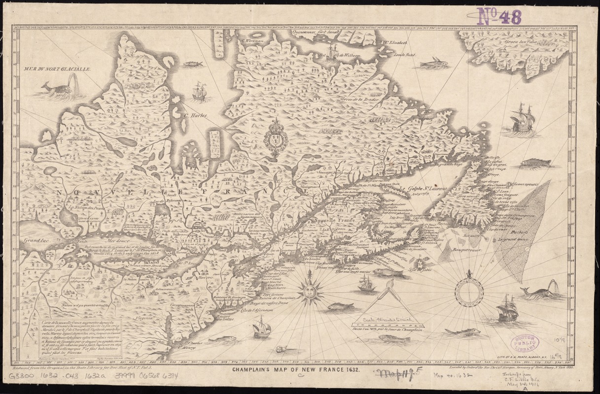 Carte de la Nouvelle-France, augmentée depuis la derniere, servant a la navigation faicte en son vray Meridien par le Sr. de Champlain capitaine pour le Roy en la Marine lequel depuis, l'an 1603, jusques en l'anneé 1629; a descouvert plusieurs costes terres, lacs rivieres et nations de sauvages par cy devant incognues comme il se voit en ses relations quil a faict imprimer en 1632