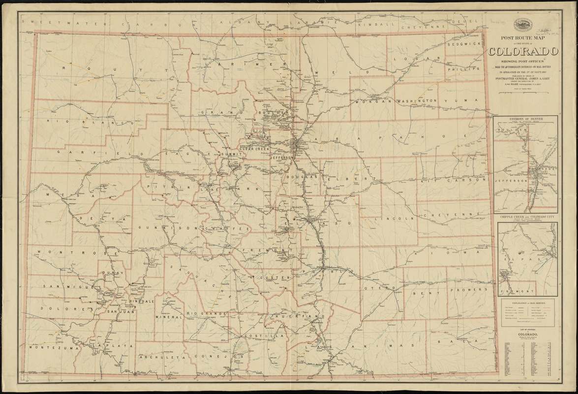 Post route map of the State of Colorado showing post offices with the intermediate distances on mail routes in operation on the 1st of Sept. 1897