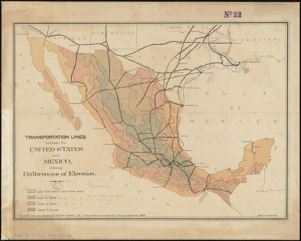 Transportation lines between the United States and Mexico, showing differences of elevation
