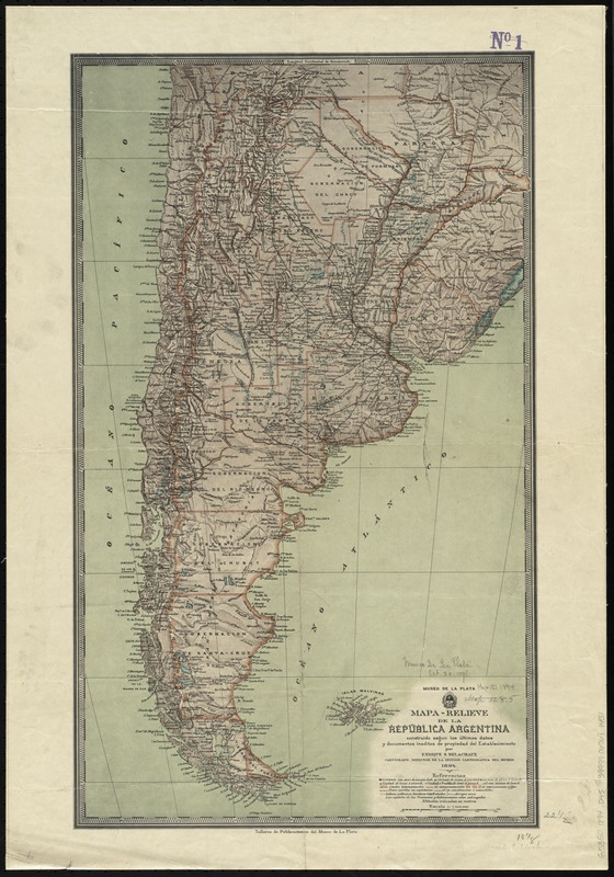 Mapa-relieve de la República Argentina construido segun los ultimos datos y documentos ineditos de propiedad del establecimiento