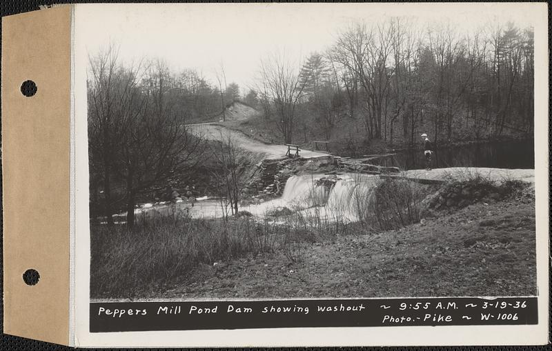 Peppers Mill Pond dam showing washout, Ware, Mass., 955 AM, Mar. 19