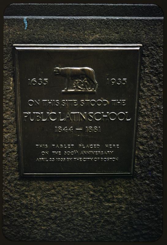 Plaque, first Public Latin School