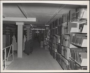 Construction of Boylston Building, Boston Public Library, books and shelving, stack 4