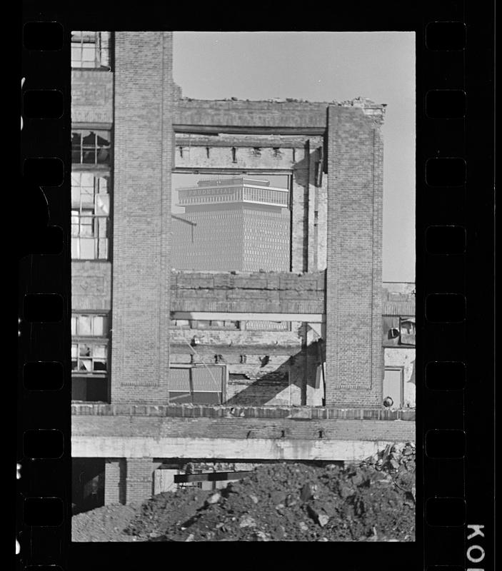 South End demolition frames the Prudential Tower, Huntington Avenue, Boston