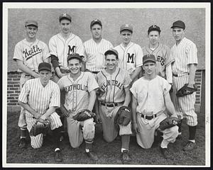 Starters For Catholic All-Stars who face the Boston Conference stars tonight at Fenway Park at 07:30 P. M. are (front, left to right) Bob Nadeau, St. John's of Cambridge, 2b; Art Gulla, Malden Catholic, 3b; George McCafferty, Lawrence Central, 1b; Ernie LeDuc, Malden Catholic, 3b. (Rear) - Charlie Mellen, Keith, cf; Harry Melia, Mission, pitcher; Capt. Ed Landry, Matignon, catcher; Coach Paul Banks, Mission; Bill Kennedy, St. Mary's of Lynn, and Jim Quinn, Matignon, lf.