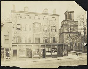 Harrison-Gray-Otis house, 2 Lynde St., Boston, Mass, Exterior of entire house facing Cambridge St. also on opposite corner of Lynde and Cambridge streets an old church now Public Library-designed by Bulfinch. Erected 1793.