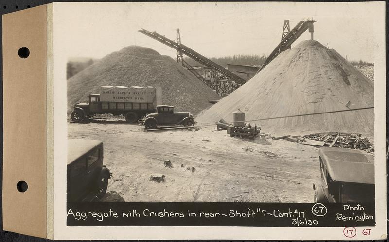 Contract No. 17, West Portion, Wachusett-Coldbrook Tunnel, Rutland, Oakham, Barre, aggregate with crushers in rear, Shaft 7, Rutland, Mass., Mar. 6, 1930