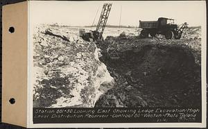 Contract No. 80, High Level Distribution Reservoir, Weston, Sta. 881+50 looking east showing ledge excavation, high level distribution reservoir, Weston, Mass., Jan. 23, 1940