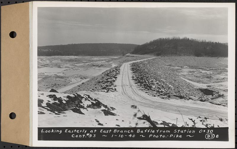 Contract No. 93, Completion of East Branch Baffle, Petersham (formerly in the Town of Greenwich), and Hardwick, looking easterly at east branch baffle from Sta. 0+30, Hardwick, Mass., Jan. 10, 1940