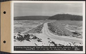 Contract No. 93, Completion of East Branch Baffle, Petersham (formerly in the Town of Greenwich), and Hardwick, looking easterly at east branch baffle from Sta. 0+30, Hardwick, Mass., Jan. 10, 1940