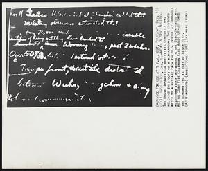 Memo in Spy Inquiry--The House un-American Activities committee has released this copy of a memorandum. The contents refer to a message from the U.S. consul at Shanghai regarding troop movements in the Sino-Japanese war. Acting Committee Chairman Karl Mundt (R-SD) said the handwriting us that if Alger Hiss.