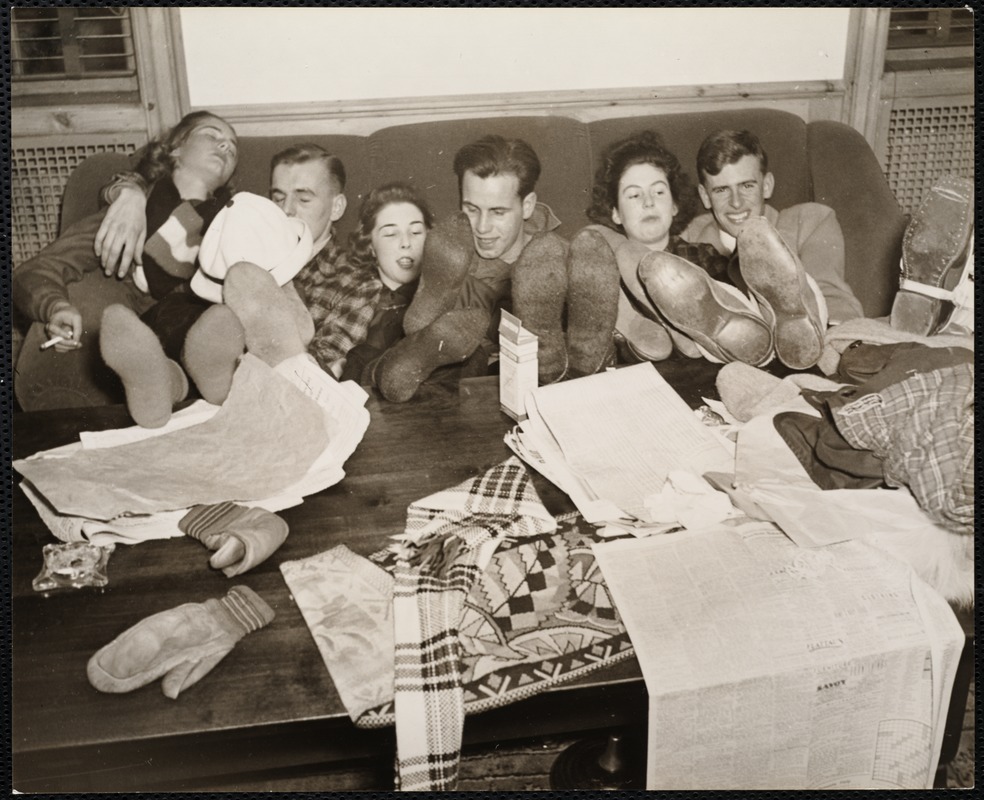 L to R: Janet Wait, N.Y.; Ray Jou[?], '40; Laura Young, Long Island; Dick Bowman, '40; Harriet Sloane, South Orange, N.J.; Joe Griffith, '41.