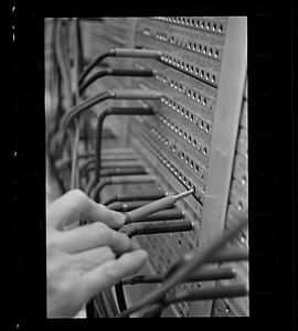 Old-fashioned PBX switchboard at NE Life Insurance Co., Copley Square, Back Bay