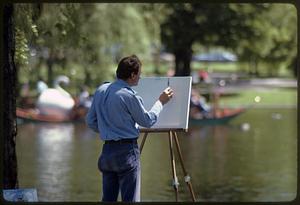 Artist paints Swan Boat in Public Garden, Boston Public Garden