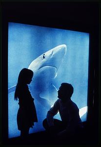 Father and daughter at shark photo, New England Aquarium, downtown Boston