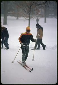 Cross-country skiing in Harvard Yard in 1977-1978 blizzard, Cambridge