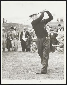 Loser to Cotton in World Golf Match. Denny Shute, shown here driving in the British Open Championship Tournament, was the loser to Henry Cotton, dour-faced two time winner of the British open title, when the two met for the unofficial Golf Championship of the world.