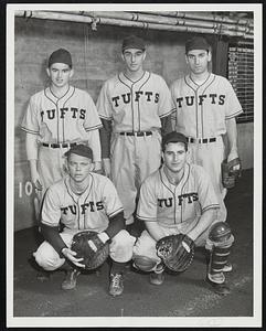 Jumbos Batterymen working out at Medford are Tufts pitchers (Rear- left to right) Al Rakofsky, Bud Niles and Johnny Panagos, although Panagos apparently is headed for outfield duty, and catchers (front) Moon Mullins and Jim Jabbour.