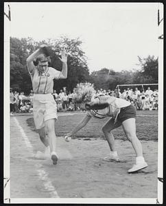 Mrs Mary Sampson Natl League safe at first because Mrs Genevieve Harkins failed to tag runner on stand on base