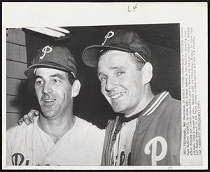 Chalk up Fourth Victory -- Philadelphia Phillies pitcher Jack Sanford (right), is shown with Granny Hamner in the Phillies dressing room after winning his fourth consecutive game to become the National League's leading pitcher, with a record of 4-0. Sanford held the Philadelphia Phillies to three hits and Hamner homered in the third inning to help Sanford for the 3-1 victory.