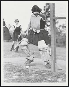 Goaltender Barbara Olnsky of Brighton playing in a field hockey match at Bouve-Boston hockey field