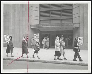 Telephone Strike Picket Line outside Franklin street building yesterday about 250 employees of the long lines department of the American Telephone & Telegraph Company joined nation-wide walkout.