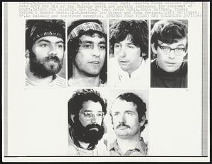 Cook County Jail Supt. Winston Moore ordered haircuts 2/23 for six of the Chicago Seven now serving sentences for contempt of court. Before the haircuts are (L-R, top) Jerry Rubin, Abbie Hoffman, Thomas Hayden & Rennie Davis. (L-R, bottom) Lee Weiner and John Froines. David Dellinger, 54, is balding and therefore exempted.