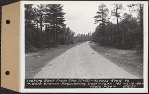 Contract No. 106, Improvement of Access Roads, Middle and East Branch Regulating Dams, and Quabbin Reservoir Area, Hardwick, Petersham, New Salem, Belchertown, looking back from Sta. 15+50, access road to Middle Branch Regulating Dam, Belchertown, Mass., Jun. 19, 1940