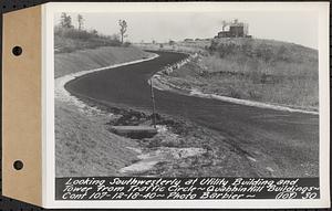 Contract No. 107, Quabbin Hill Recreation Buildings and Road, Ware, looking southwesterly at utility building and tower from traffic circle, Ware, Mass., Dec. 18, 1940