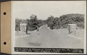 Contract No. 118, Miscellaneous Construction at Winsor Dam and Quabbin Dike, Belchertown, Ware, stone posts at entrance of Winsor Dam east access road, looking northwest, Ware, Mass., Aug. 9, 1945