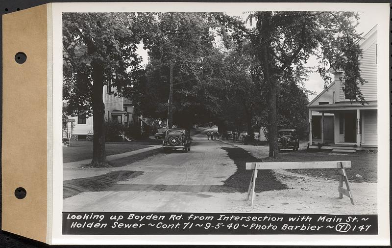 Contract No. 71, WPA Sewer Construction, Holden, looking up Boyden Road from intersection with Main Street, Holden Sewer, Holden, Mass., Sep. 5, 1940