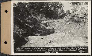 Contract No. 80, High Level Distribution Reservoir, Weston, ledge at northwest end of dam 1, looking northwest from point 4+/- southwest of Sta. 27+08+/-, high level distribution reservoir, Weston, Mass., Sep. 6, 1939